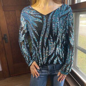 Vintage Oleg Cassini Sequin Top Small 80s Glam Iridescent Blue Black Beaded NYE